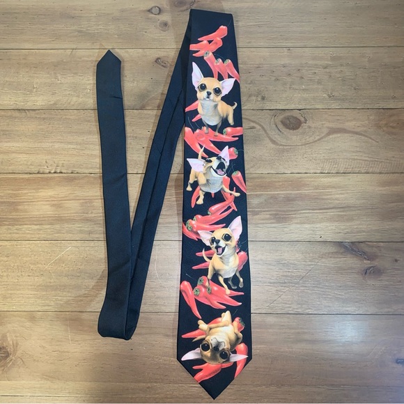Vintage Ralph Marlin Mens Black Aye Chihuahua Peppers Daron Fayas Neck Tie Dog - Picture 1 of 7